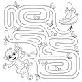 Help monkey find path to banana. Labyrinth. Maze game for kids. Black and white vector illustration for coloring book